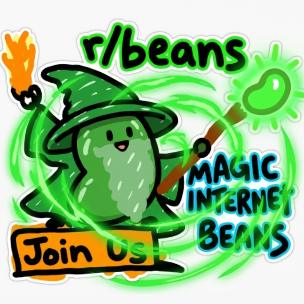 Magic Internet Beans wizard — a hand-drawn cartoon bean wizard holding a glowing magic bean