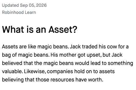 Robinhood Learn article: What is an Asset? — Assets are like magic beans